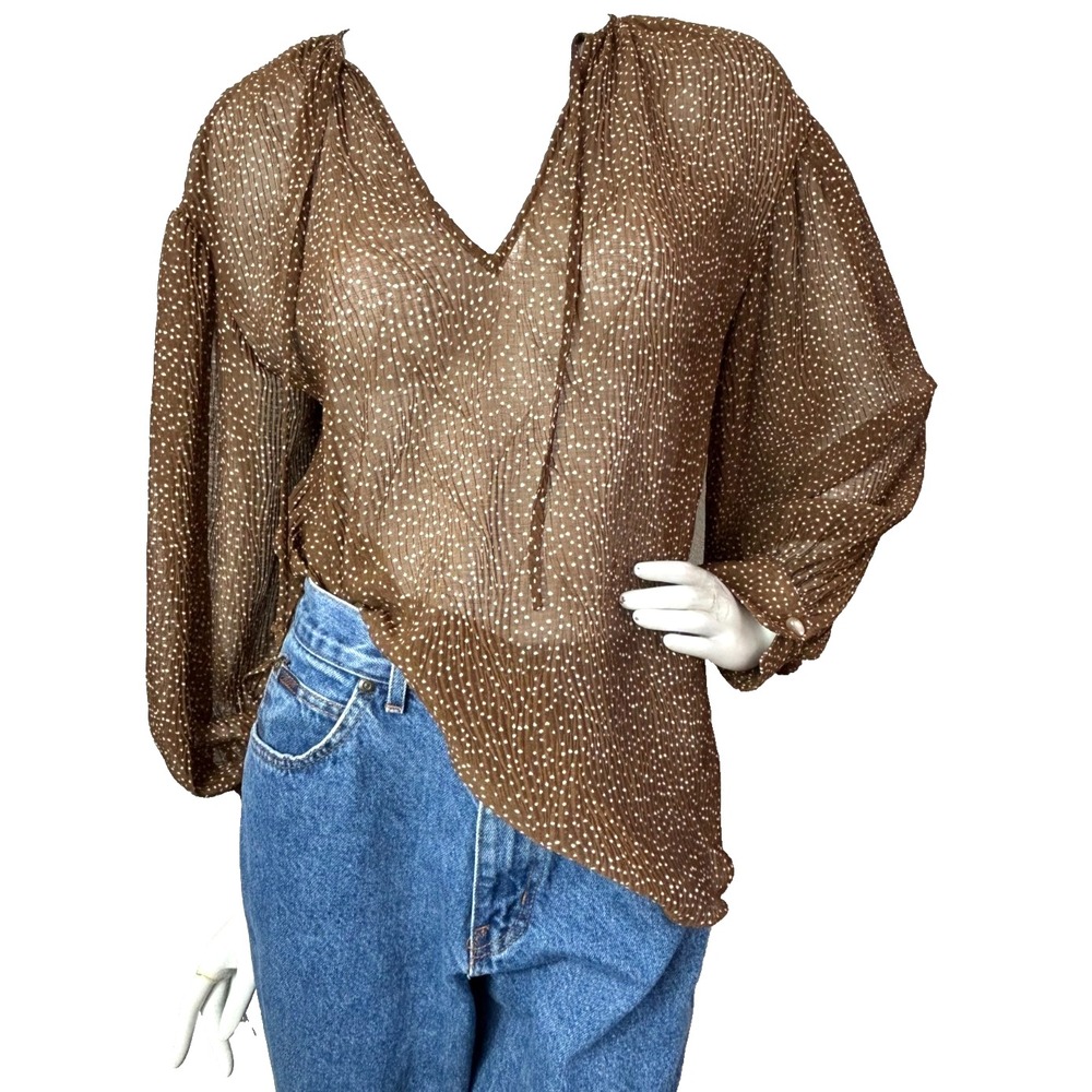 Vince Starry Dot Blouse Medium Verona Brown Pleat Sheer Boho Quiet Luxury Mesh